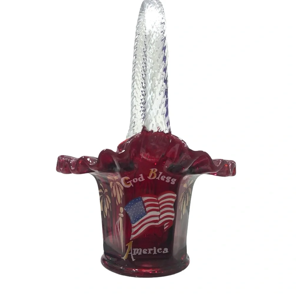 FENTON GOD BLESS AMERICA HAND PAINTED PATRIOTIC RED GLASS BASKET